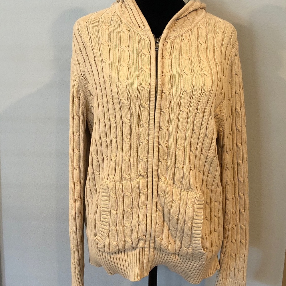 Ann Taylor Cable Knit Hooded Zip Cardigan in Cream